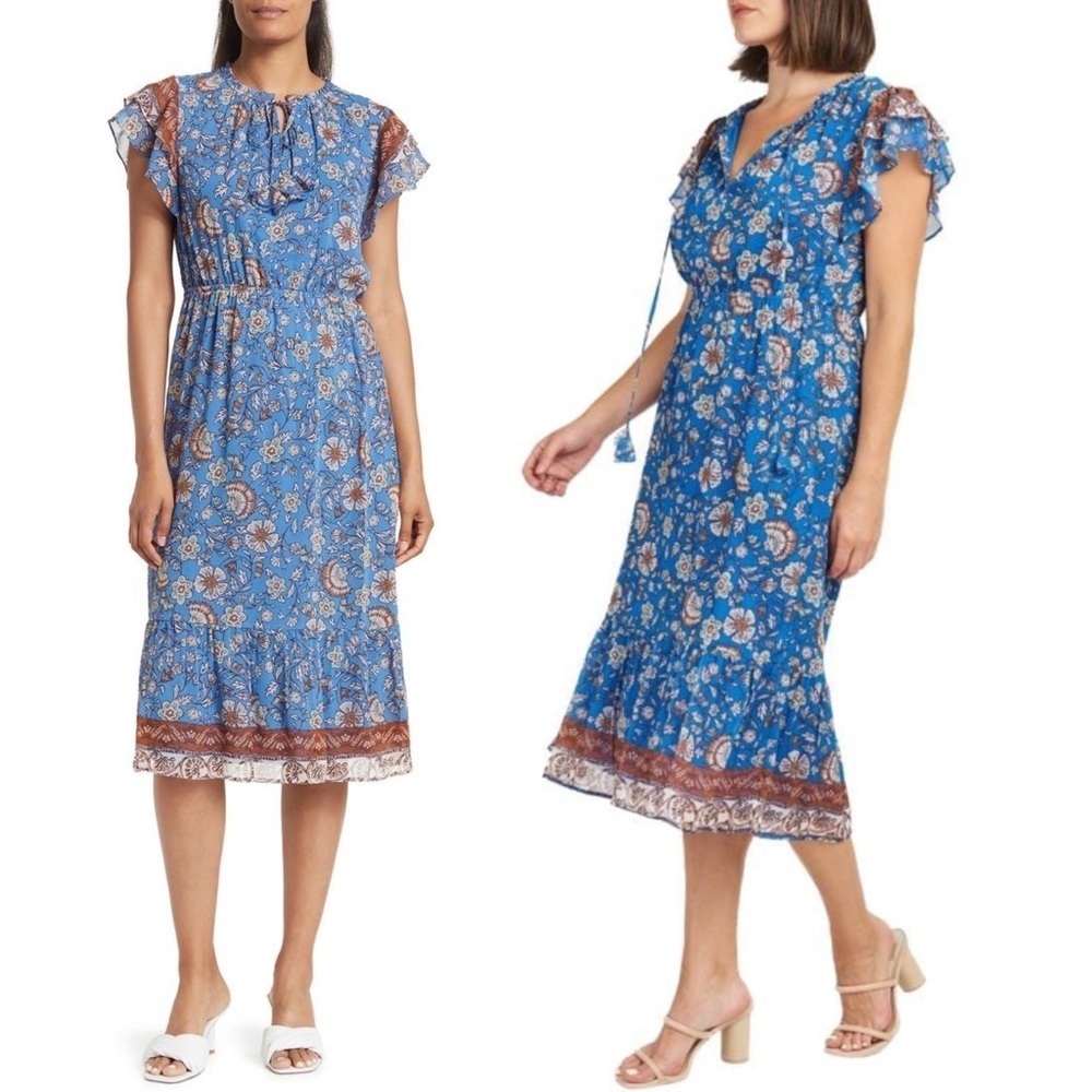 DR2 Floral Print Flutter Sleeve Midi Dress Chiffon Brown Blue Victorian Feminine